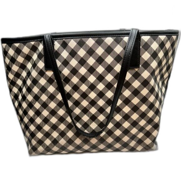 Talbots Gingham Tote WHT BLK Open Zip Top 2 Interior Pockets Wide Bottom - Picture 5 of 11